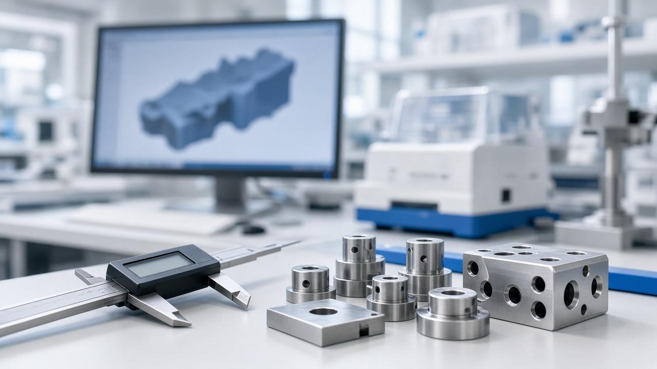 Engineering lab desk with CAD parts and tools